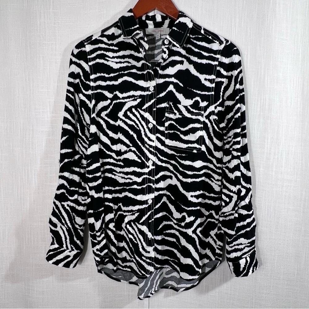 Casa Cabana Animal Print Roll Sleeve Button Front‎ Blouse Top Shirt Sz XS